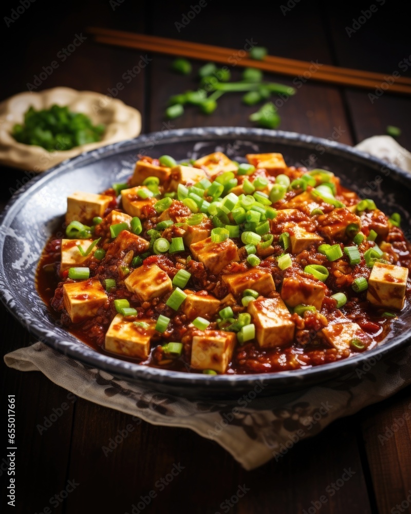 A mouthwatering image capturing a plate of Chinese mapo tofu, featuring cubes of silky tofu immersed in a fiery red sauce, liberally ed with aromatic Sichuan peppercorns, and adorned with A mouthwatering image capturing a plate of Chinese mapo tofu, featuring cubes of silky tofu immersed in a fiery red sauce, liberally ed with aromatic Sichuan peppercorns, and adorned with
