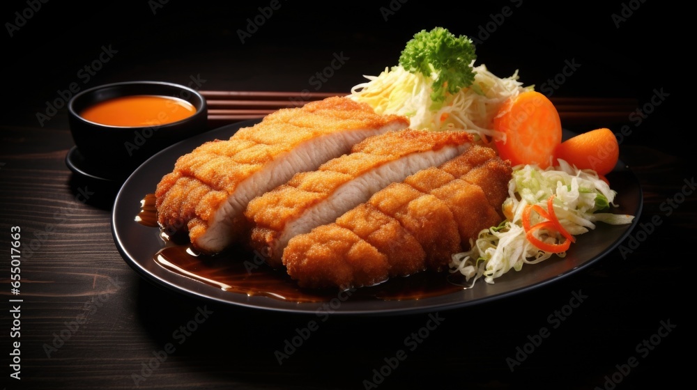 A plump, golden brown tonkatsu features a thick slice of tender pork, breaded and deepfried to crispy perfection, served alongside a tangy tonkatsu sauce and a mound of shredded cabbage, A plump, golden brown tonkatsu features a thick slice of tender pork, breaded and deepfried to crispy perfection, served alongside a tangy tonkatsu sauce and a mound of shredded cabbage,