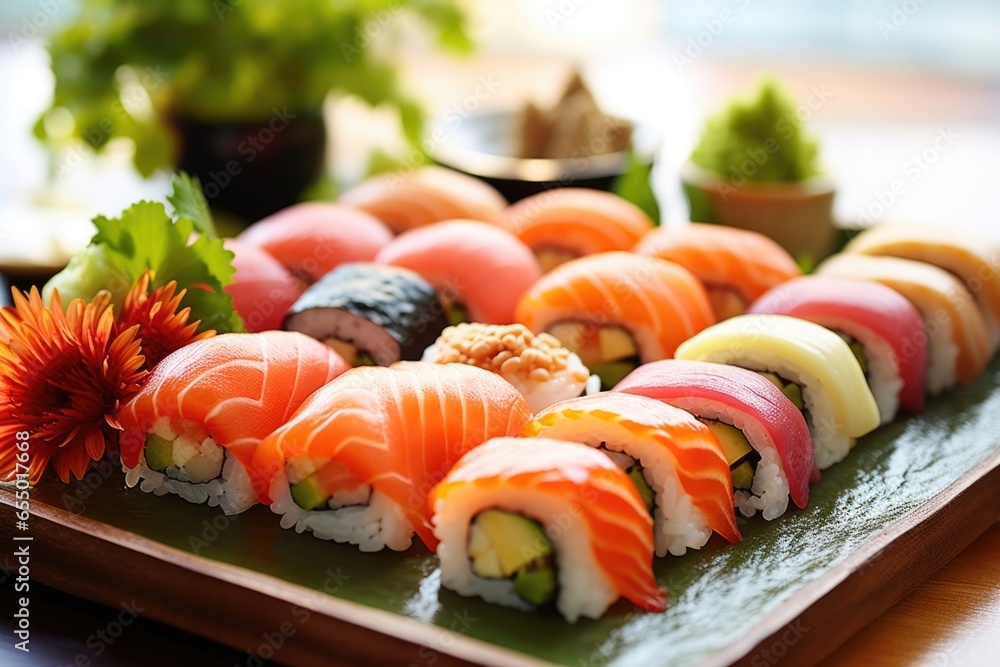 A platter of elegantly presented sushi showcases a colorful variety of bitesized rolls and nigiri, crafted with the freshest ingredients, from ery salmon and delicate white fish to creamy A platter of elegantly presented sushi showcases a colorful variety of bitesized rolls and nigiri, crafted with the freshest ingredients, from ery salmon and delicate white fish to creamy