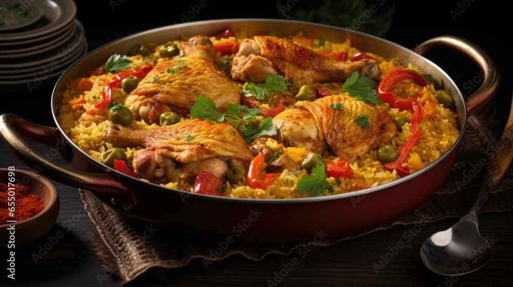 A sumptuous dish of arroz con pollo, a classic Colombian chicken and rice dish cooked to perfection with a flavorful medley of vegetables, es, and herbs, creating a savory onepot meal that A sumptuous dish of arroz con pollo, a classic Colombian chicken and rice dish cooked to perfection with a flavorful medley of vegetables, es, and herbs, creating a savory onepot meal that