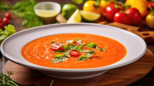 A refreshing gazpacho with a twist, featuring the zesty flavors of lemon and lime, complementing the ripe tomatoes and crisp vegetables.