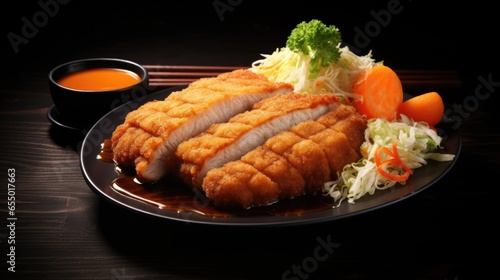 A plump, golden brown tonkatsu features a thick slice of tender pork, breaded and deepfried to crispy perfection, served alongside a tangy tonkatsu sauce and a mound of shredded cabbage,