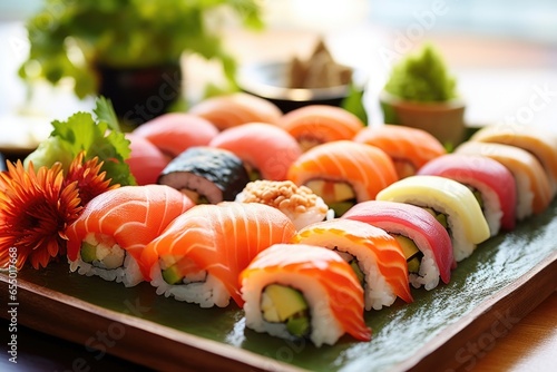 A platter of elegantly presented sushi showcases a colorful variety of bitesized rolls and nigiri, crafted with the freshest ingredients, from ery salmon and delicate white fish to creamy