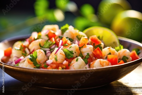 A mouthwatering display of fresh ceviche, comprised of succulent shrimp and chunks of white fish, marinated in tangy citrus juices, along with diced tomatoes, onions, and cilantro, creating