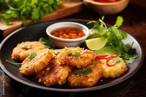 An enticing plate of golden and crispy Thai fish cakes, made with a mixture of minced fish, Thai herbs, and aromatic es, served with a zesty dipping sauce.