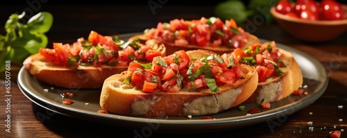 Vibrant Italian bruschetta showcases crusty bread slices topped with a vibrant mixture of ripe diced tomatoes  fragrant basil leaves  minced garlic  and a drizzle of extra virgin olive oil 