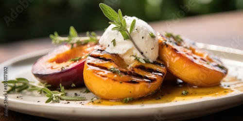 A platter of lavenderinfused grilled peaches, caramelized to perfection and served with a dollop of creamy vanilla ice cream, creating a delightful interplay of smoky flavors, juicy fruit, photo