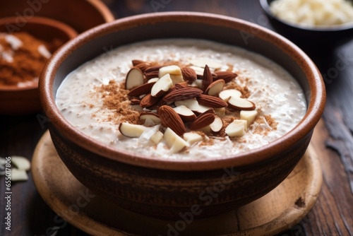 An enticing shot showcasing a bowl filled with creamy amaranth porridge swirled with silky coconut milk and topped with a dollop of rich almond er. The ancient grain porridge is adorned
