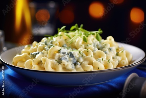 A reinvention of comfort food, this gourmet macaroni and cheese consists of delicate cavatelli pasta enrobed in a velvety sauce crafted from a blend of creamy Brie and tangy blue cheese, photo