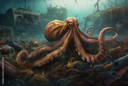Illustration of giant octopus swimming amidst trash and pollution on ocean floor. Generative AI