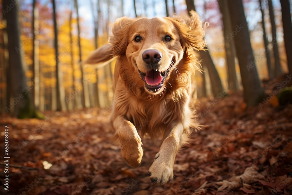 A golden retriever frolics in the fall woodland. Generative AI