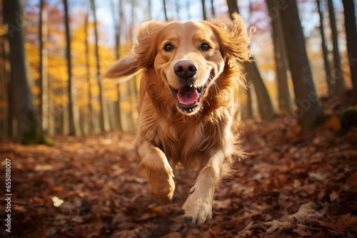 A golden retriever frolics in the fall woodland. Generative AI © Everly