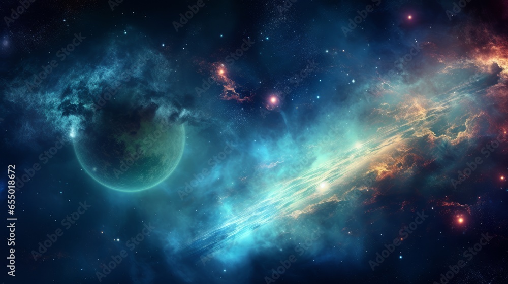 a beautiful view telescope view on space galaxy with stunning looking stars and planets of the universe. 4l, 16:9, desktop wallpaper background. Generative AI