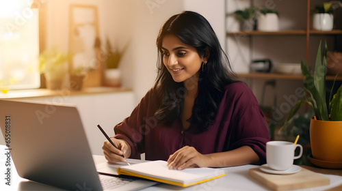 Young adult indian student woman taking notes while using laptop computer at home. Millennial ethnic female learning online listening virtual video call. Business and education concept. photo