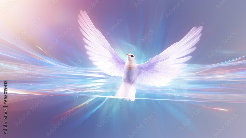Fototapeta premium Beautiful flying white Holy spirit dove with glowing energy lights. Spirituality, hope and freedom concept. Generative AI.