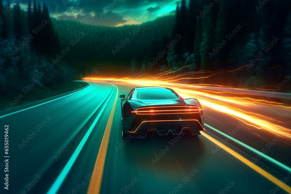 a sleek vehicle speeding on illuminated road. Generative AI