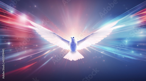Beautiful flying white Holy spirit dove dispersing glowing energy lights. Spirituality, hope and freedom concept. Generative AI.