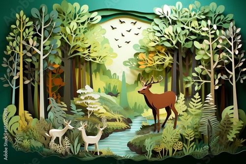 Paper-cut style showcasing lush forest with diverse wildlife. Generative AI