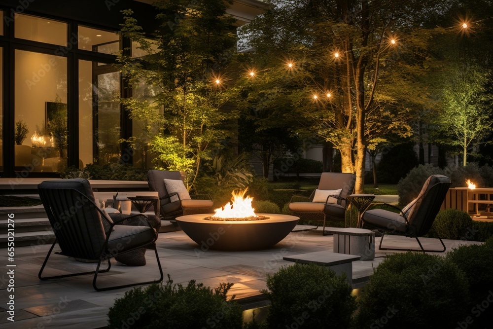 Stylish outdoor seating area with a large fire pit, comfortable chairs, and various planters. Generative AI