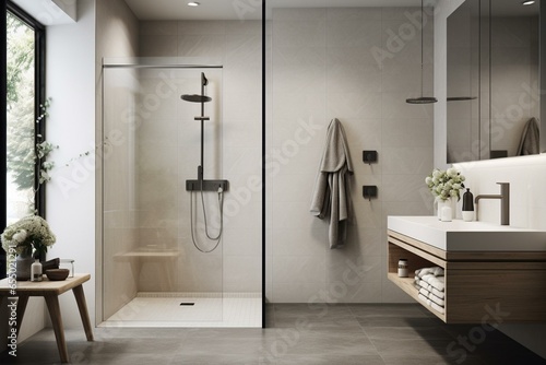 Stylish nordic bathroom featuring sleek design, spacious shower, and pristine white tiling. Generative AI