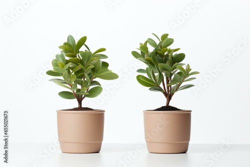Two plants in pots evenly spaced on white background. Generative AI