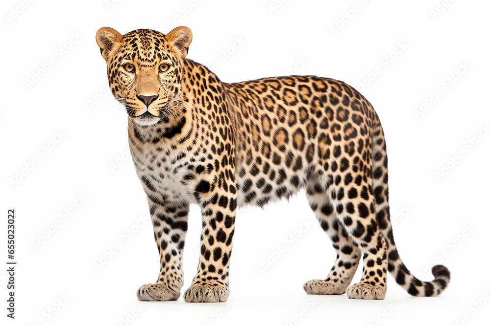Leopard isolated on a white background. Animal left side view portrait. Leopard isolated on a white background. Animal left side view portrait.