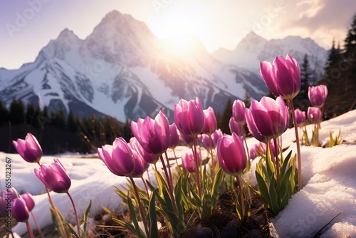 Purple tulips amidst snow and mountain sunbeam. Generative AI