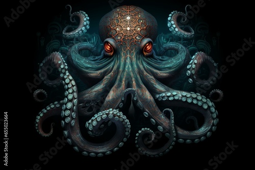 Illustration of a mysterious octopus against a dark backdrop. Imaginative and fantastical. Generative AI