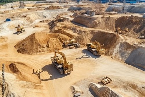 Aerial view of sandpit and factory producing sand materials for construction, granite-gravel pit, stone crushing equipment, land decimated by industry. Generative AI photo