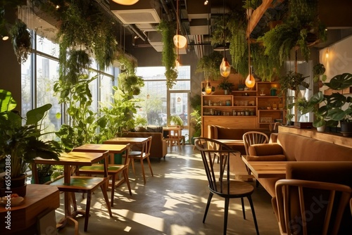 Relaxing and well-lit eco-friendly cafe with organic visuals and trendy decor. Generative AI