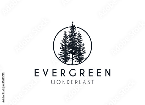 pine evergreen fir hemlock spruce conifer cedar coniferous cypress larch pinus tree forest vintage retro hipster line art Logo design