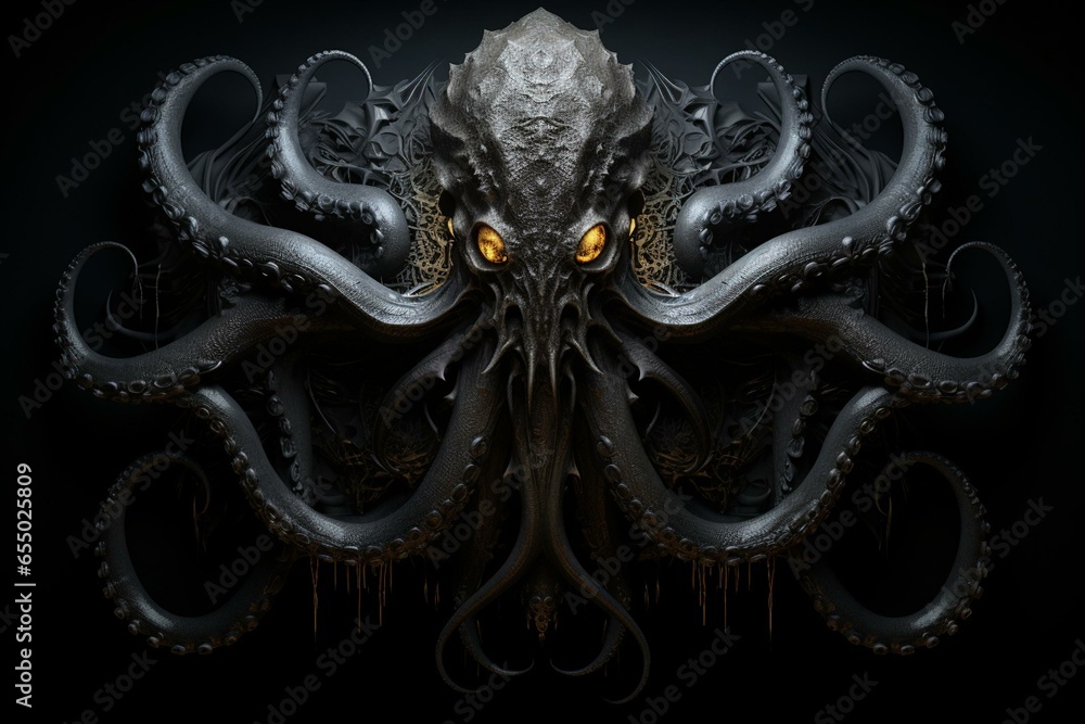 Mysterious tentacled horror, lovecraftian design for Halloween and deep-sea themes. Generative AI