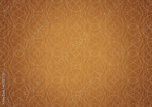 Hand-drawn unique abstract gold ornament on a yellow background, with vignette of darker background color and splatters of golden glitter. Paper texture. Digital artwork, A4. (pattern: p10-2c)