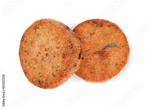 Delicious vegan cutlets on white background, top view
