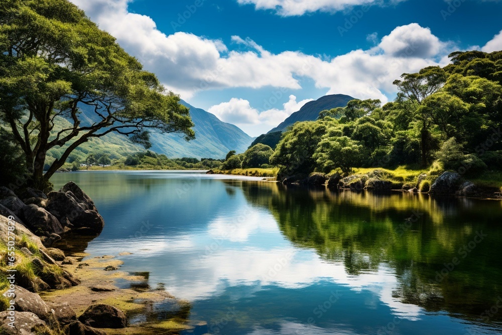 Scenic lake in Killarney National Park, Kerry, Ireland. Generative AI - obrazy, fototapety, plakaty 