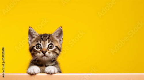 Curious Tabby Kitten Perfect Pose on Yellow Background, Wide-Eyed Wonderment and Questions