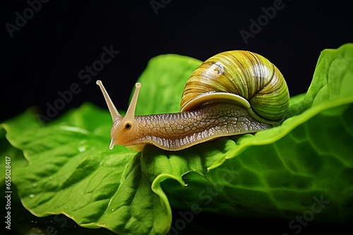 A slow-moving mollusk crawling on a vibrant green plant leaf. Generative AI photo