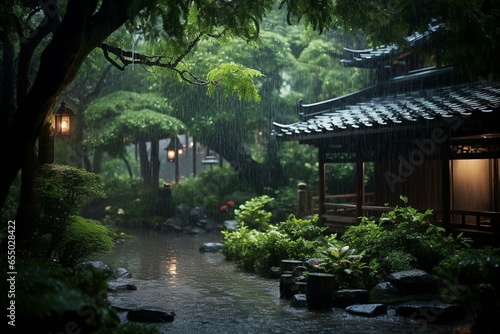 Heavy rain pouring down in woodland amidst a storm in Japan. Generative AI