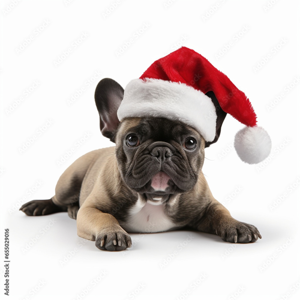 A French Bulldog with a Santa Claus hat.