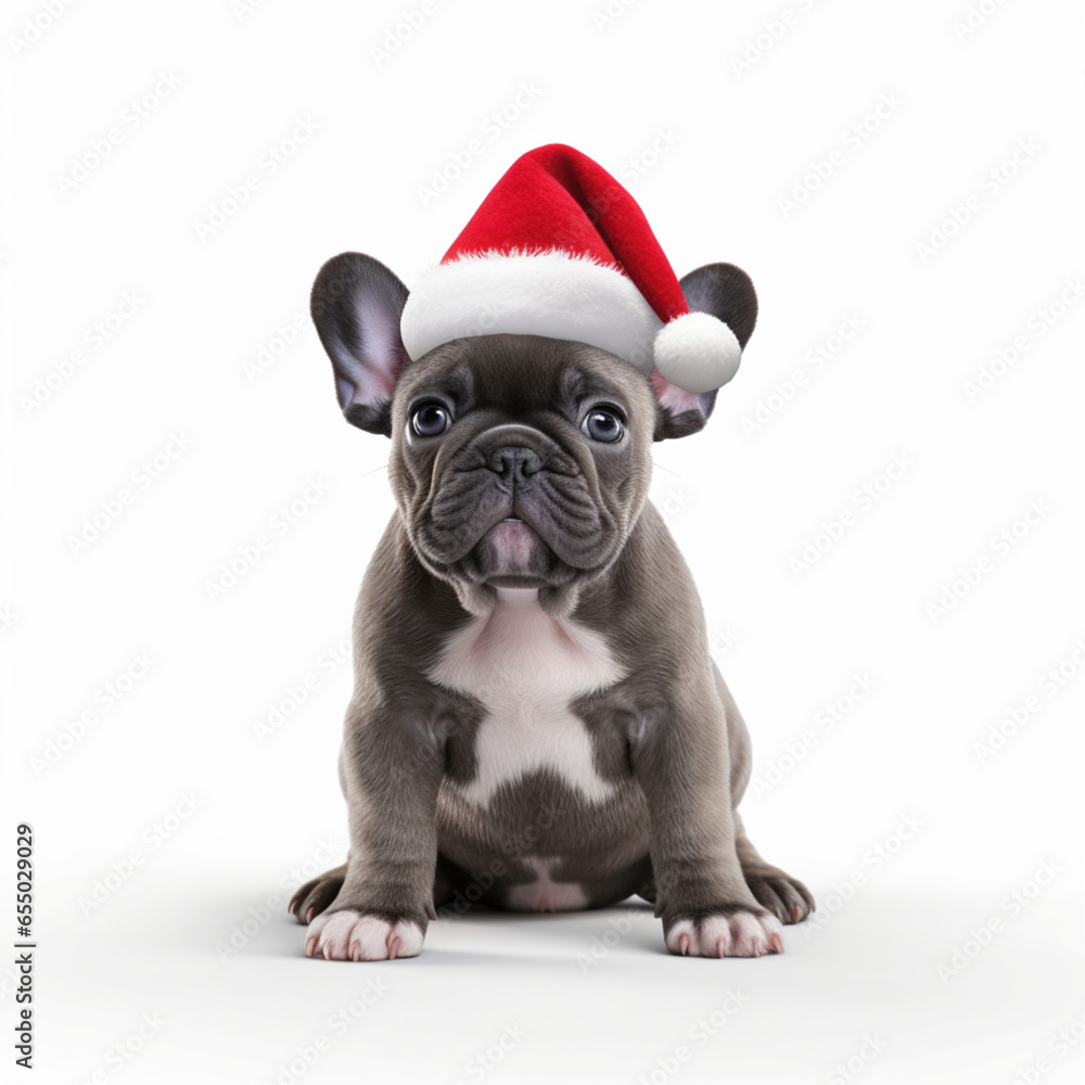 A French Bulldog with a Santa Claus hat.