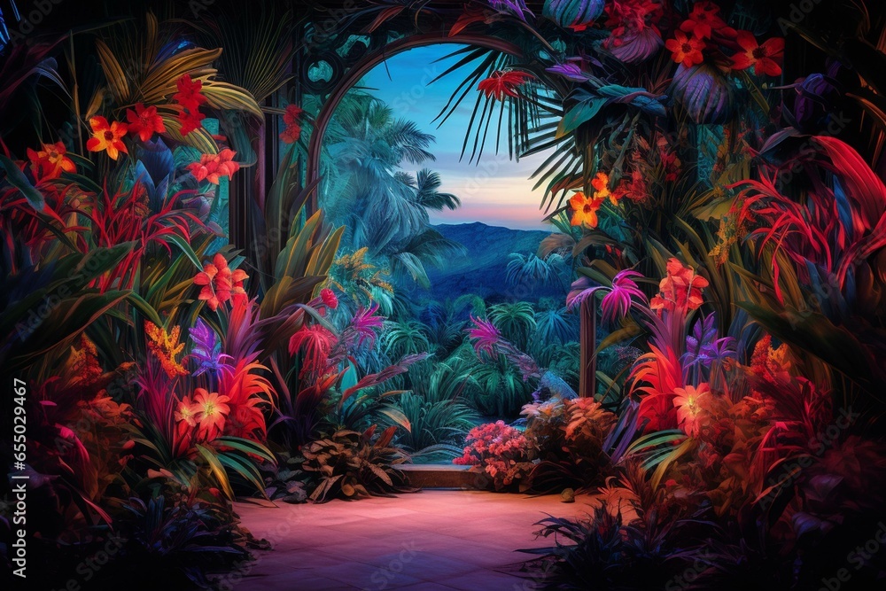 Vibrant neon frame surrounded by tropical plants and enhanced by vivid pink and blue hues. Generative AI