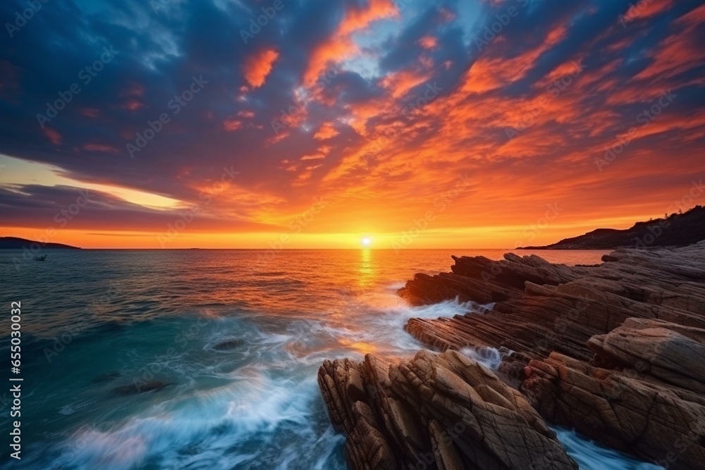 panoramic seascape with a beautiful sea sunset. Generative AI