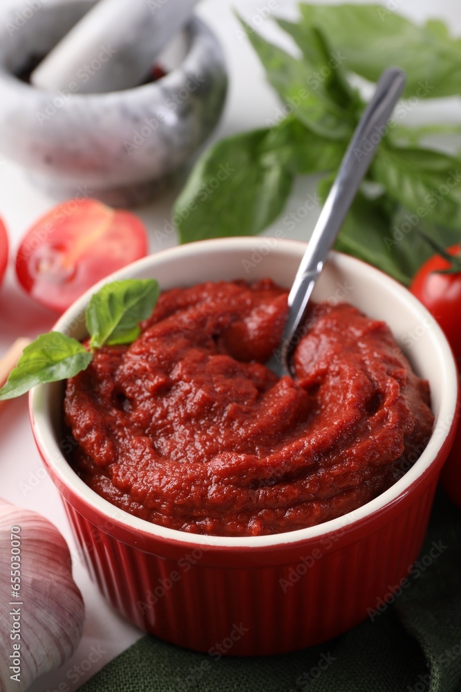 Tasty tomato paste in bowl on table, closeup Tasty tomato paste in bowl on table, closeup
