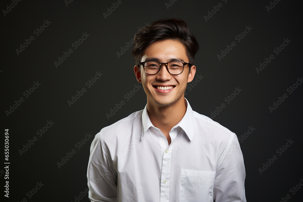 Portrait of a smiling young Asian man standing and looking at the camera with a black background. Portrait of a smiling young Asian man standing and looking at the camera with a black background.