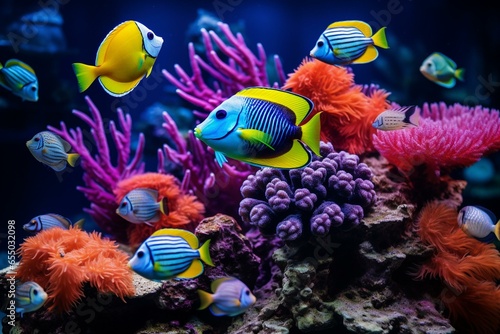 Various vibrant fish move through coral. Generative AI