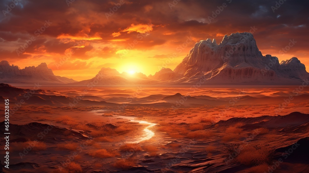 Desert landscape with sand dunes at sunset