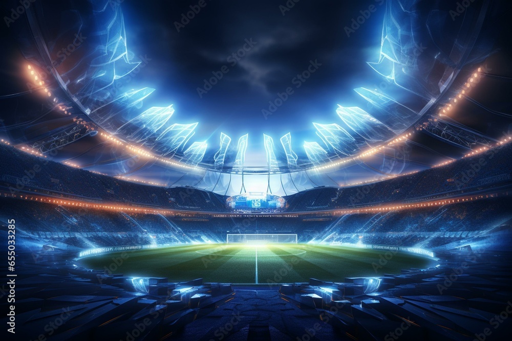 Dramatic illuminated soccer stadium and running track with a futuristic neon glow in a 3D-rendered image. Generative AI - obrazy, fototapety, plakaty 