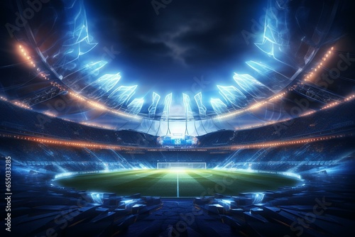 Dramatic illuminated soccer stadium and running track with a futuristic neon glow in a 3D-rendered image. Generative AI