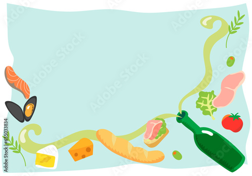 ボトルからほとばしる白ワインとワインに合う食べ物を散りばめた横長な背景フレーム素材