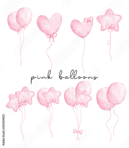 delightful pink balloon collection featuring kawaii watercolor art and hand-drawn illustrations. Perfect for birthday parties, celebrations.